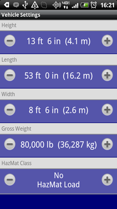 SmartTruckRoute Truck Dimensions Settings